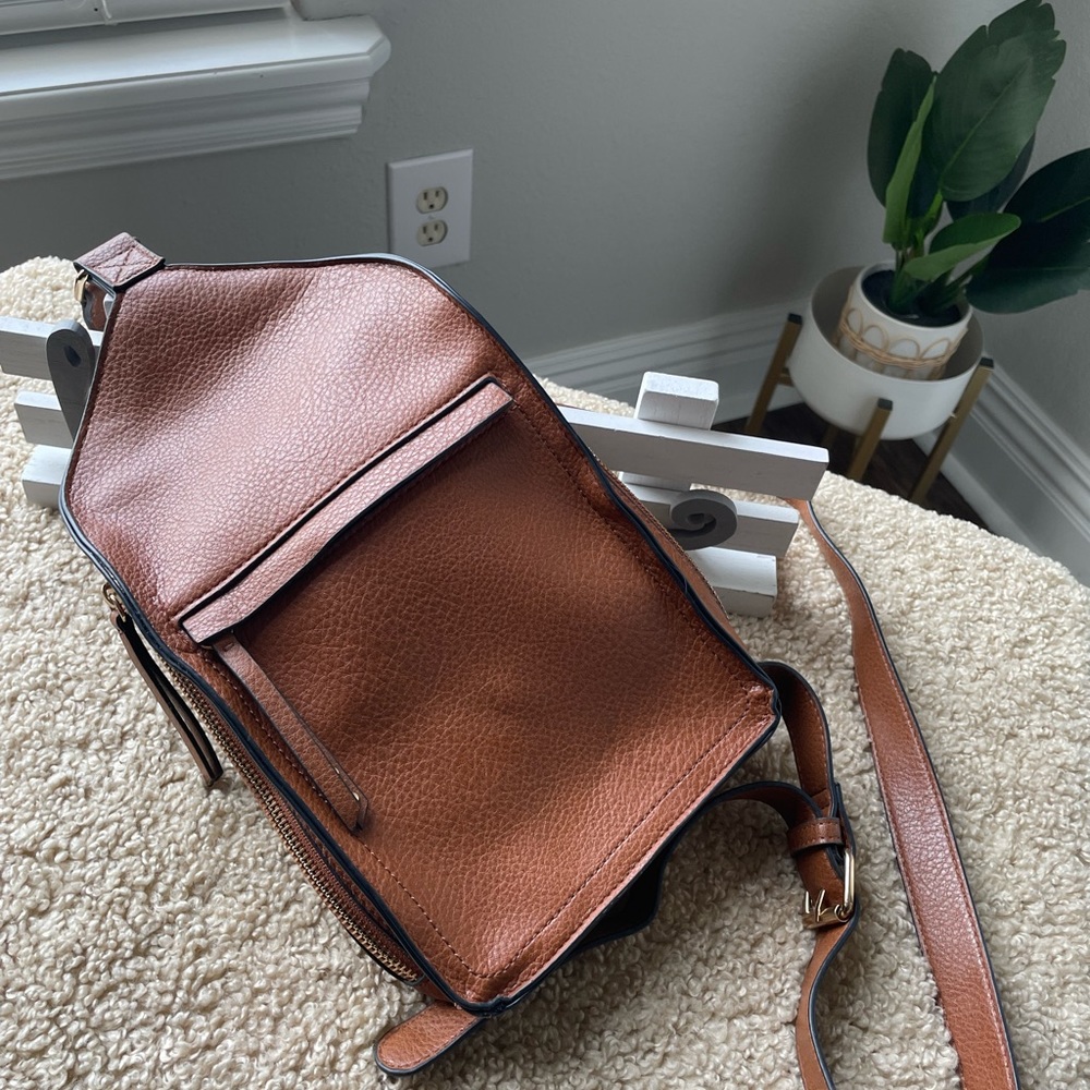 Sling Purse, chest crossbody shoulder bag, travel daypack brown.